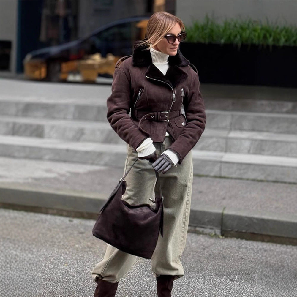 Women's short jacket in biker style made of faux suede with teddy lining and belted waist Amarae