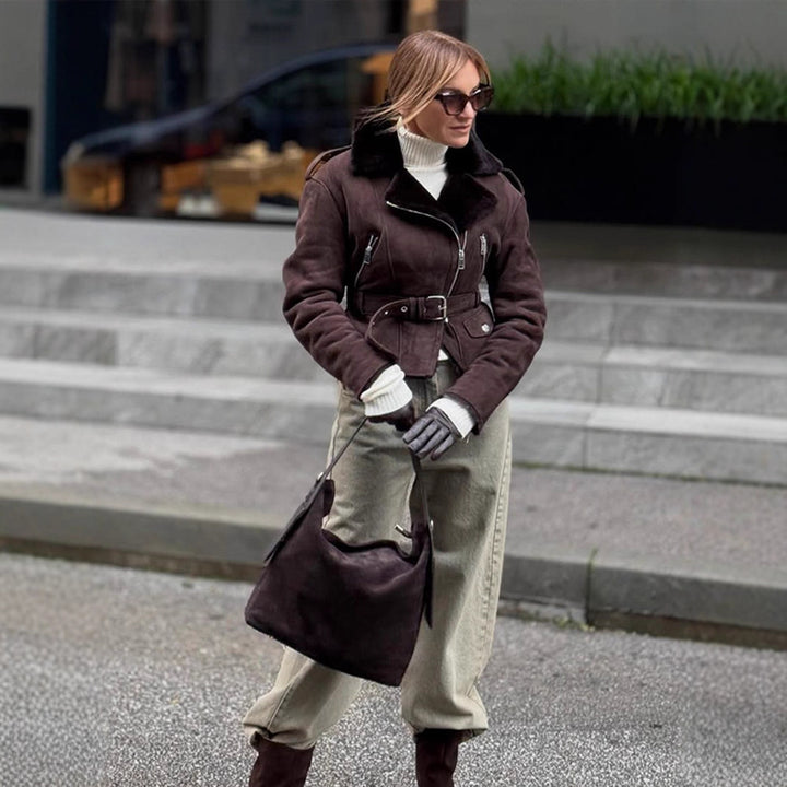 Women's short jacket in biker style made of faux suede with teddy lining and belted waist Amarae