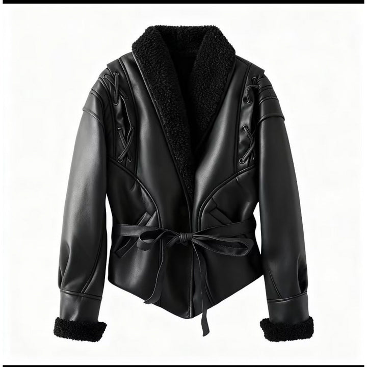 Faux leather jacket for women with warm shearling lining and elegant lacing details Lune London
