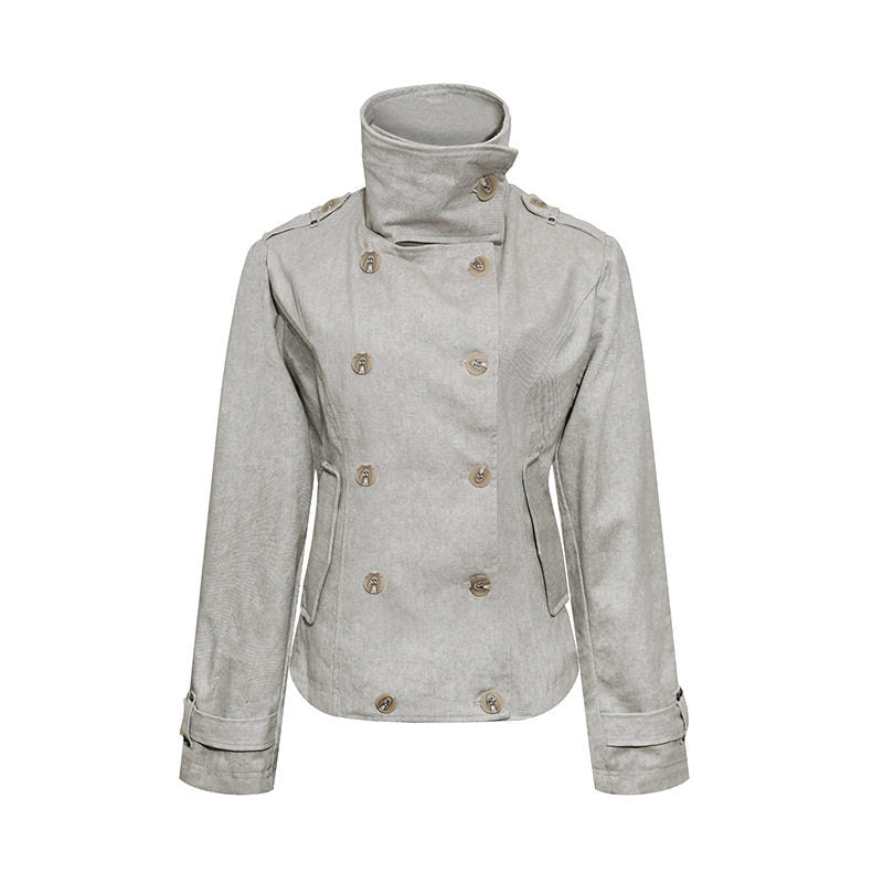 Women Short Double-Breasted Peacoat with Stand Collar and Waist Amarae