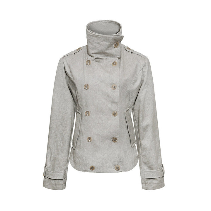 Women Short Double-Breasted Peacoat with Stand Collar and Waist Amarae