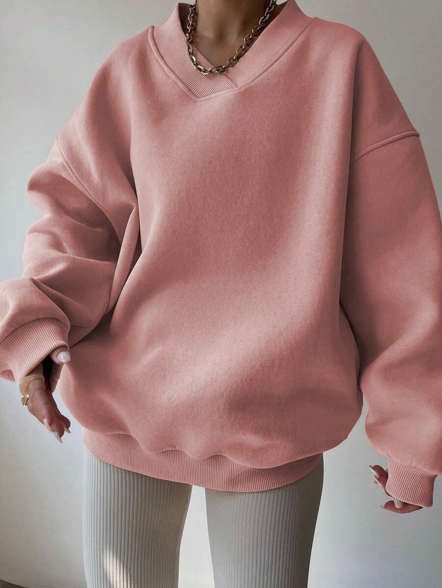 Women Oversized Sweatshirt with V-Neck and Wide Hem Lune London