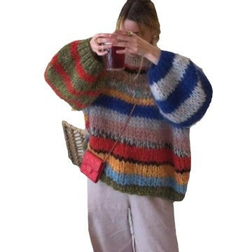 Comfortable knit sweater for women with flared sleeves and a colorful striped pattern Lune London