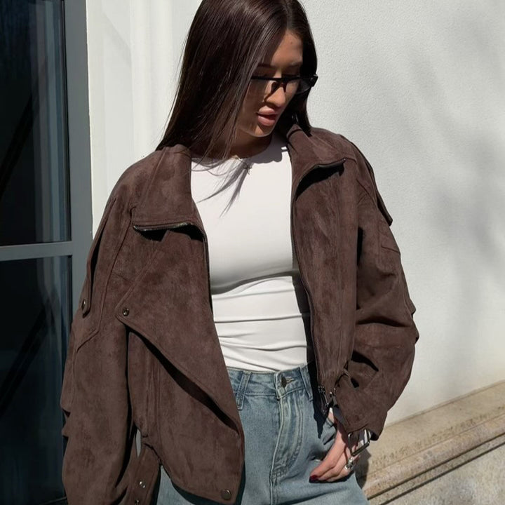 Ladies short-cut suede bomber jacket with belt & oversized sleeves Amarae