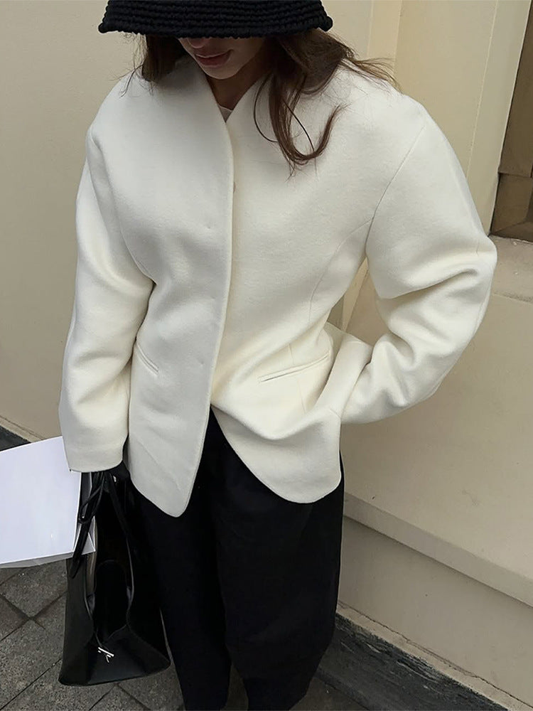 Women's Tailored Collarless Wool Blend Short Coat with Clear Silhouette Amarae