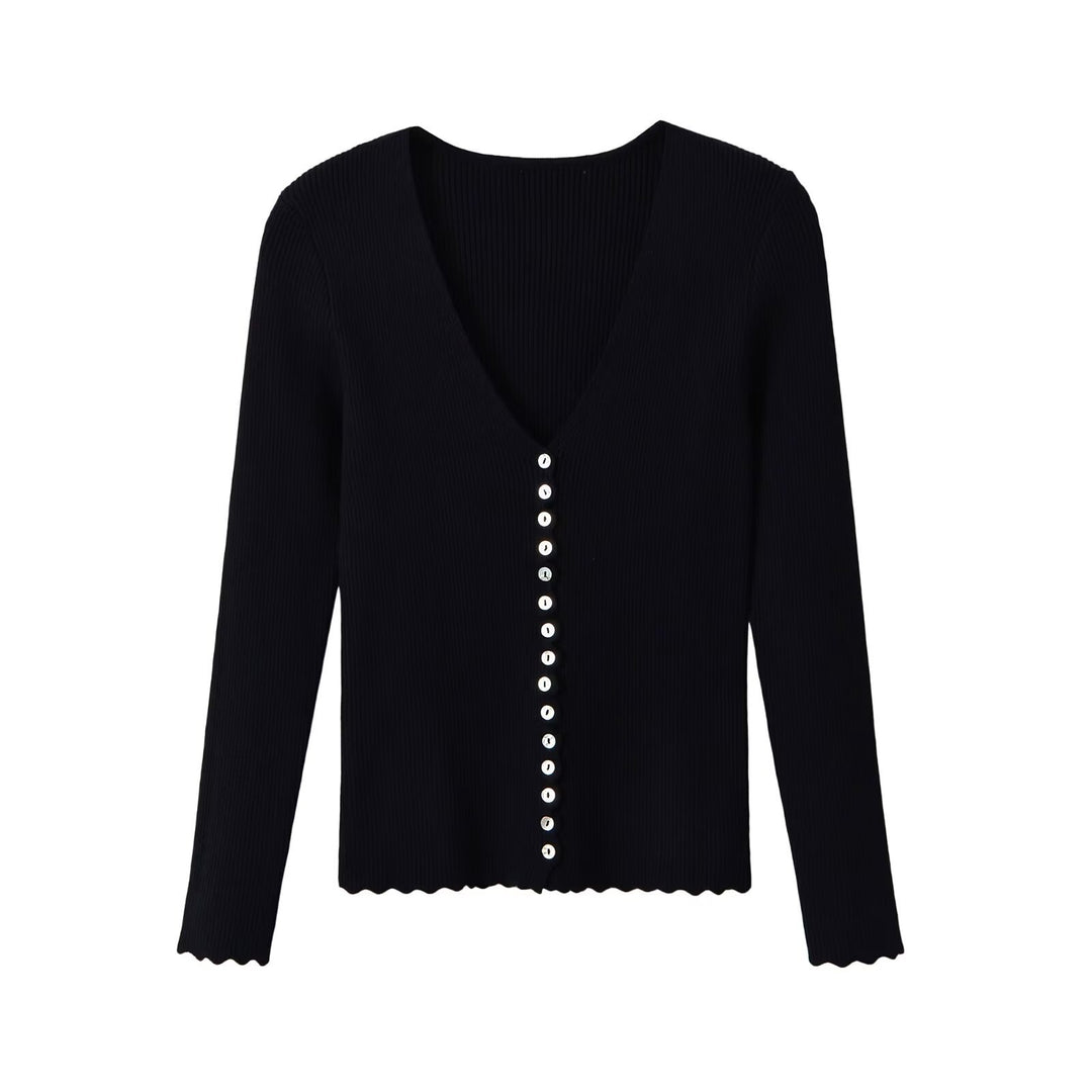 Women's Ribbed Button Cardigan with Deep V-Neck and Wavy Hem Amarae