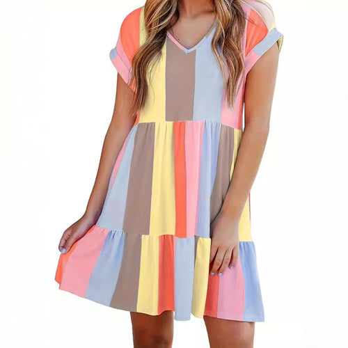 Casual summer dress for women with a modern striped design, featuring a V-neck and ruffles Amarae