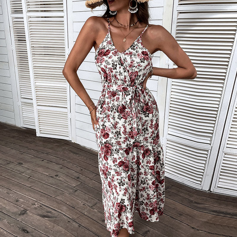 Midi dress with floral print for ladies with adjustable tie belt Lune London