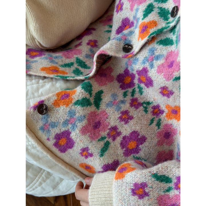 Women's Chunky Knit Button Cardigan in Floral Jacquard with Fluffy Mohair Look Amarae