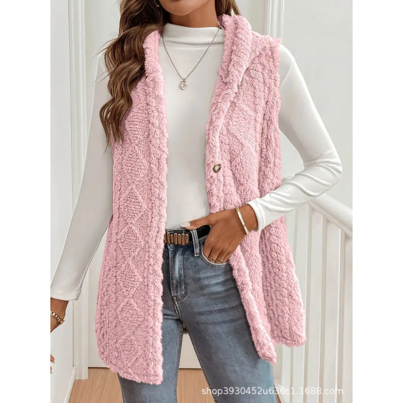 Women's Hooded Teddy Vest with Structured Cable Knit Pattern and Decorative Button Placket Amarae