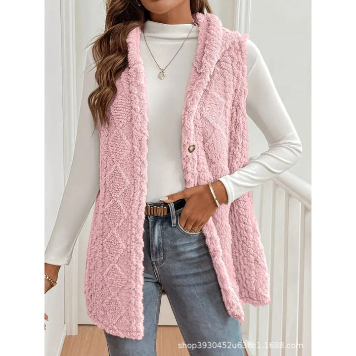 Women's Hooded Teddy Vest with Structured Cable Knit Pattern and Decorative Button Placket Amarae