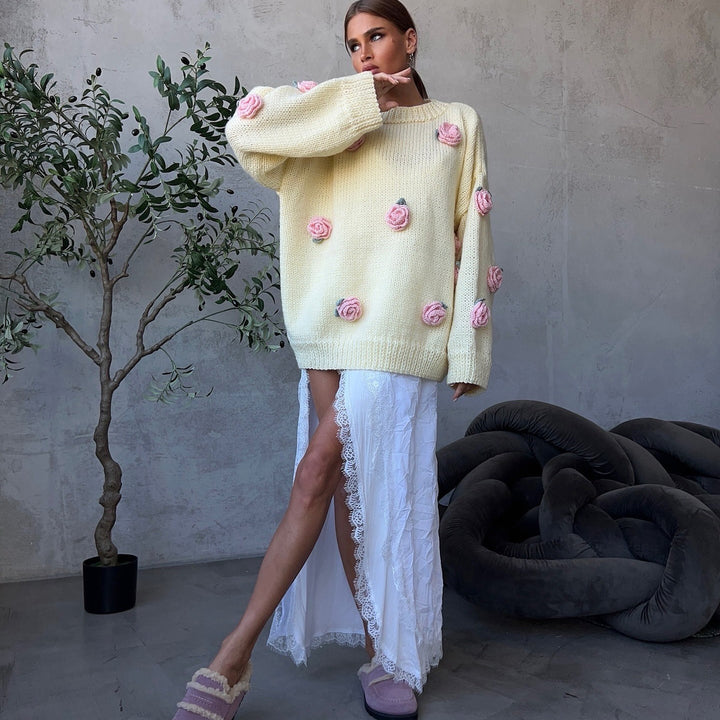 Knit sweater for women with floral appliqués and a relaxed fit Lune London