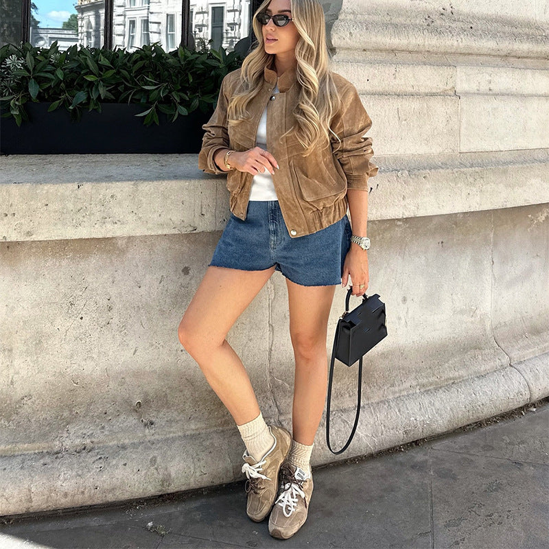 Suede jacket for women in a modern cropped style with pockets Lune London