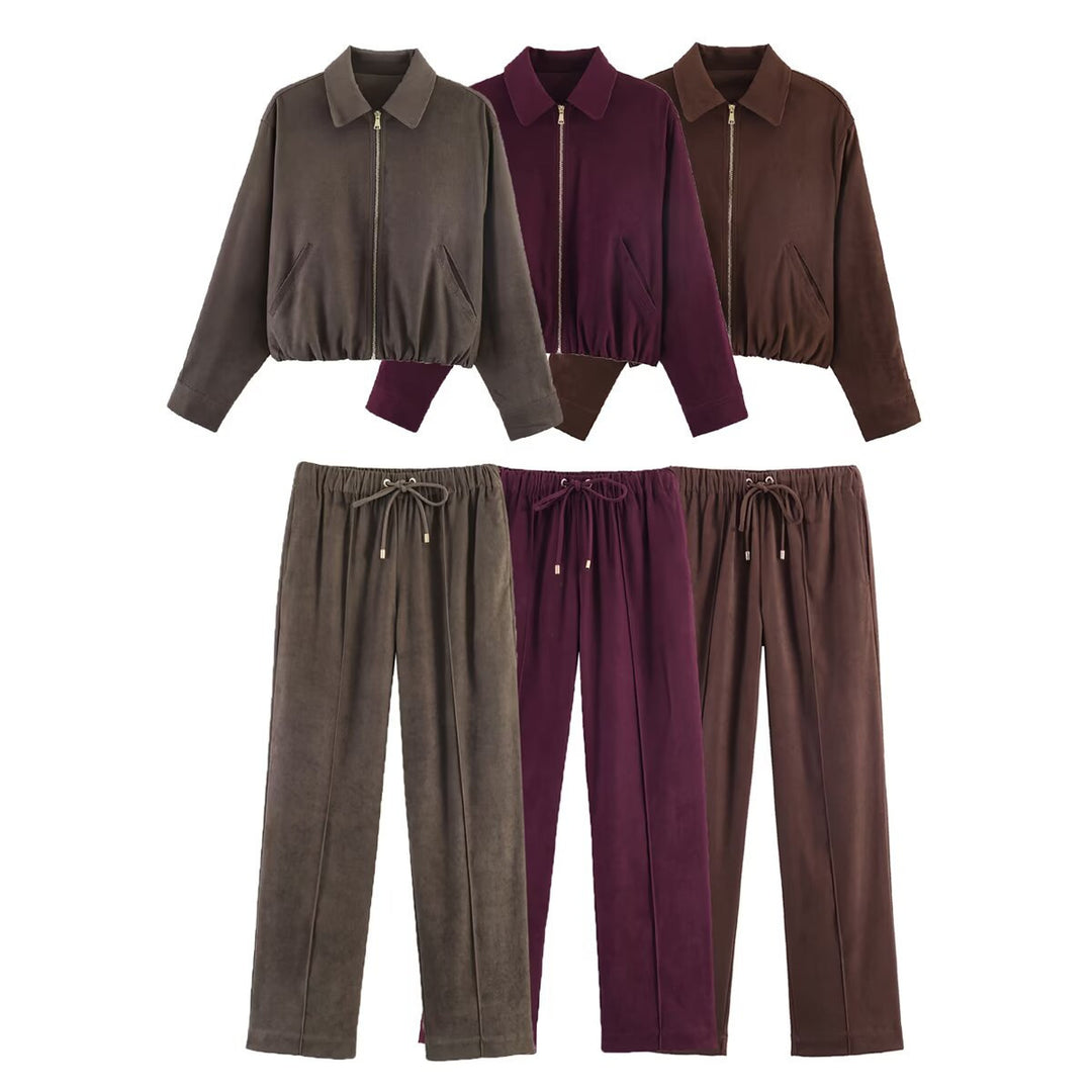 Ladies short cut velour look bomber jacket with lapel collar and elastic hem Amarae