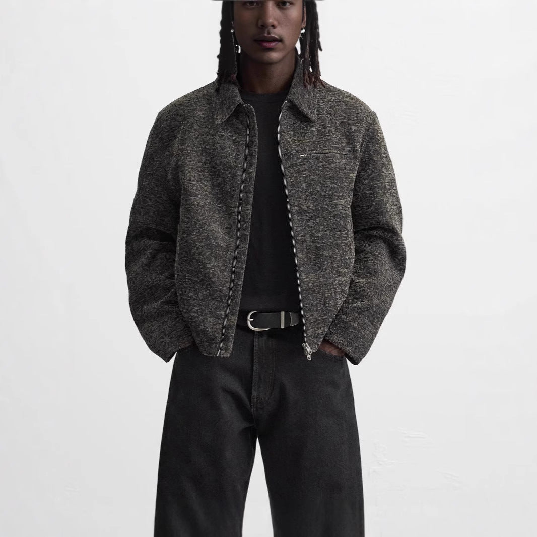 Men's Woven Wool Blend Zip Blouson with Texture and Shirt Collar Amarae