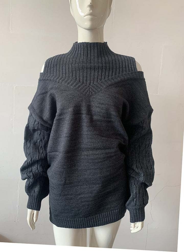 Damen Schulterfreier Oversize-Strickpullover mit Stehkragen Drune