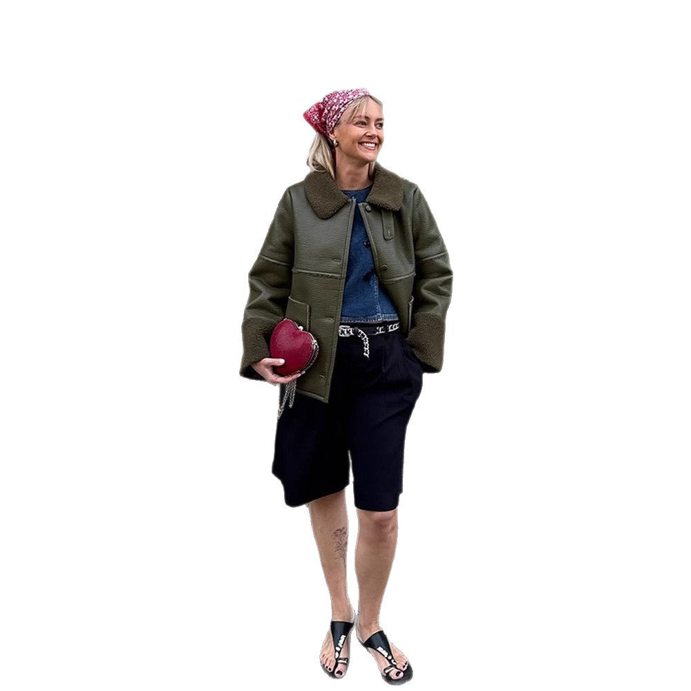 Ladies Short Aviator-Style Bomber Jacket with Teddy Lining and Boxy Silhouette Amarae