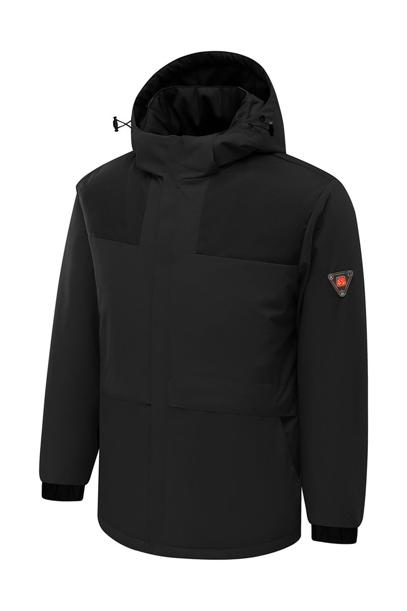 Herren Wattierte Winterjacke mit Kapuze und integriertem Sicherheits‑LED‑Modul, wetterfeste Außenhülle Drune