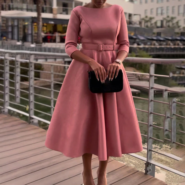 Elegant A-line dress for women with belt and ¾ sleeves Lune London