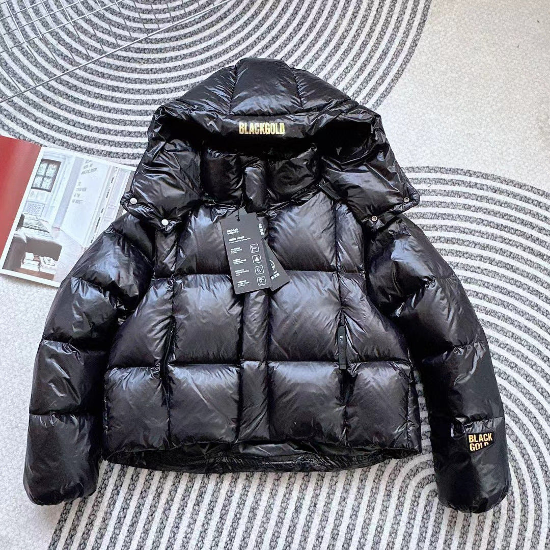 Women's short-cut glossy down jacket with hood and distinctive check quilting Amarae