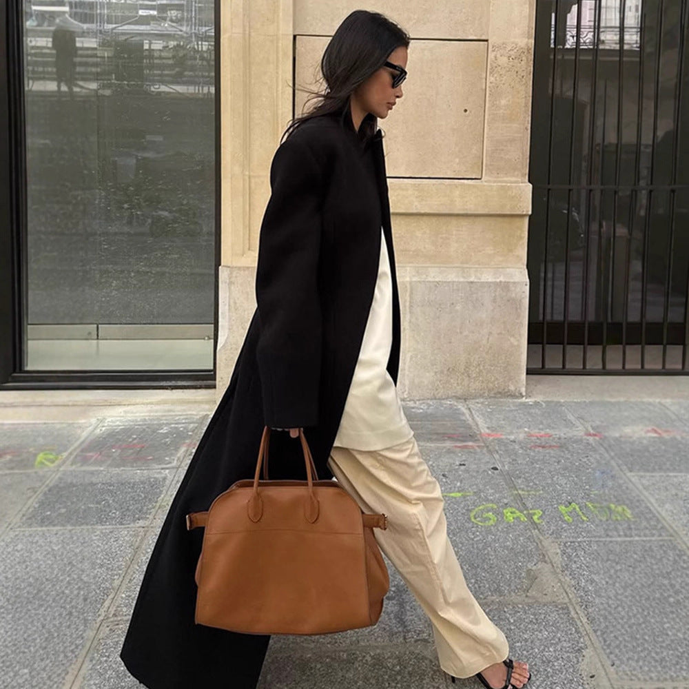 Women's Sculptural Midi Coat with Distinctive Shoulder Design and Concealed Button Placket Amarae