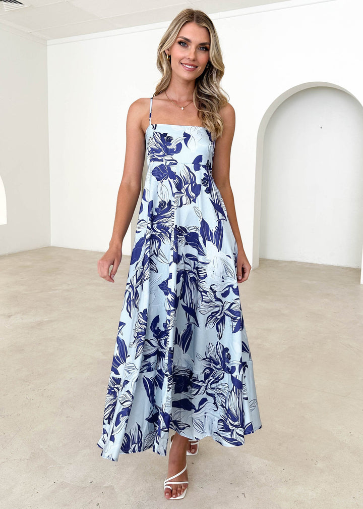 Ladies maxi dress with modern graphic patterns and thin straps Lune London