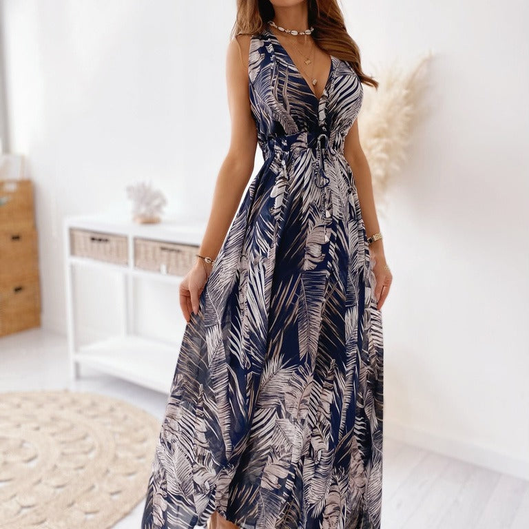 Maxi dress with tropical print for women with adjustable belt Lune London