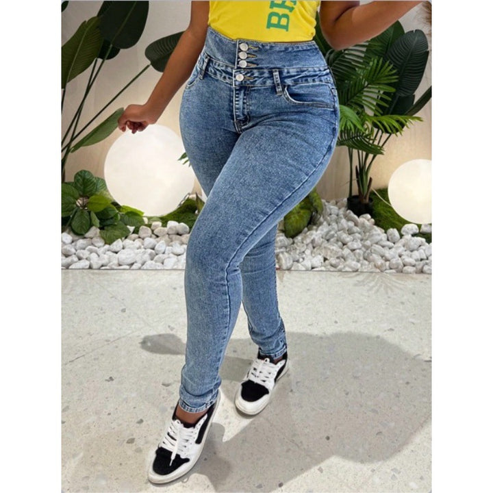 Ladies High-Waisted Sculpting Skinny Jeans with Waist-Shaping Overlap Band and Push-Up Effect Amarae