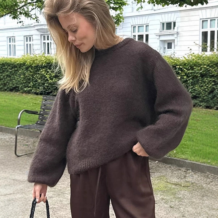 Women Fluffy Round Neck Sweater with Balloon Sleeves and Boxy Silhouette Amarae