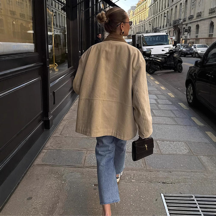 Women's Oversized Field Jacket with Cord Collar, Large Flap Pockets and Snap Button Closure Amarae