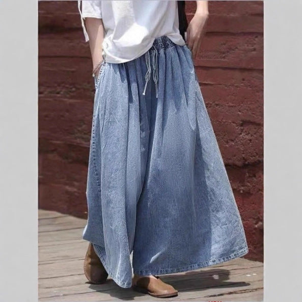 Women's Long Denim Maxi Skirt with Drawstring Waist, Wide A-Line Cut and Side Pockets Amarae