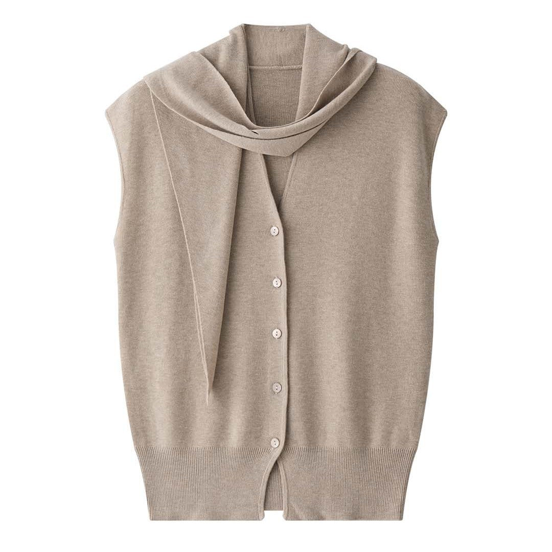 Women's Sleeveless Fine Knit Vest with V-Neck, Button Placket and Tie Waist Amarae