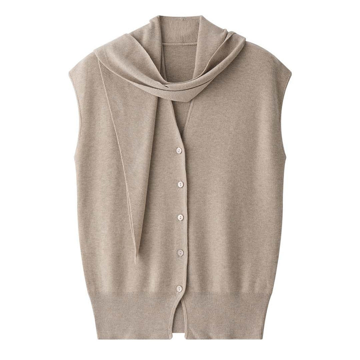 Women's Sleeveless Fine Knit Vest with V-Neck, Button Placket and Tie Waist Amarae