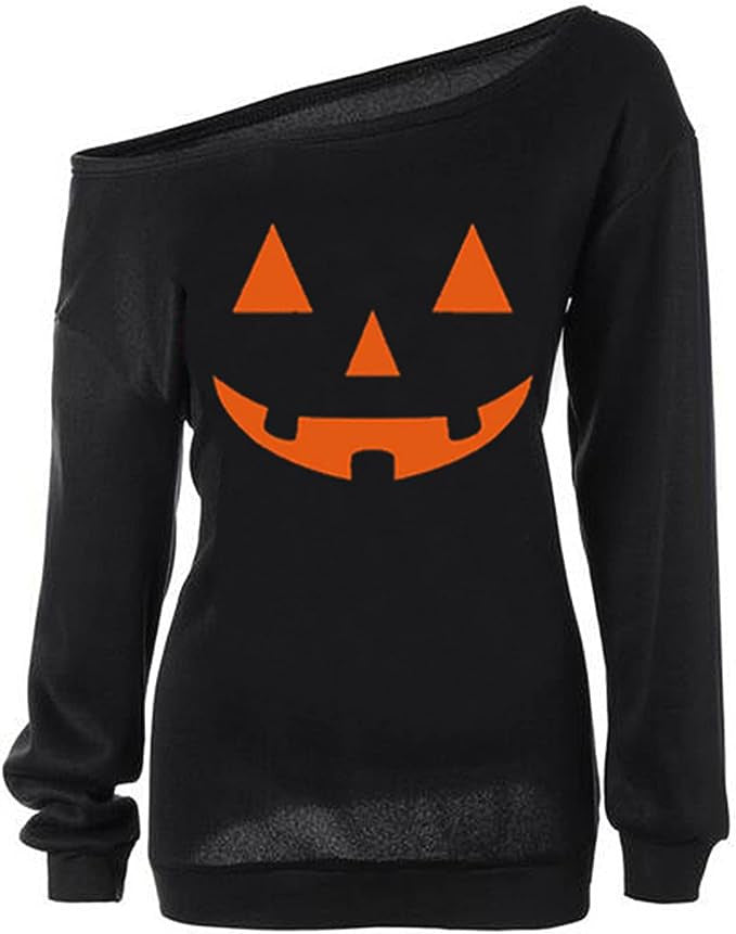 Women Oversize Off-Shoulder Knit Sweater with Halloween Pumpkin Motif Amarae