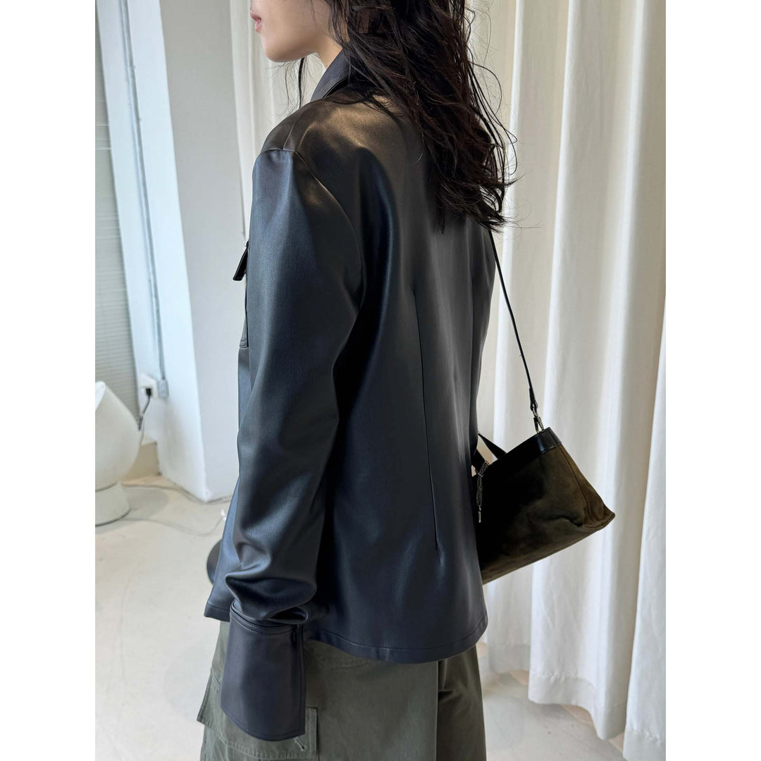 Women's fine structured faux leather shirt jacket with stiff collar and patch pocket Amarae