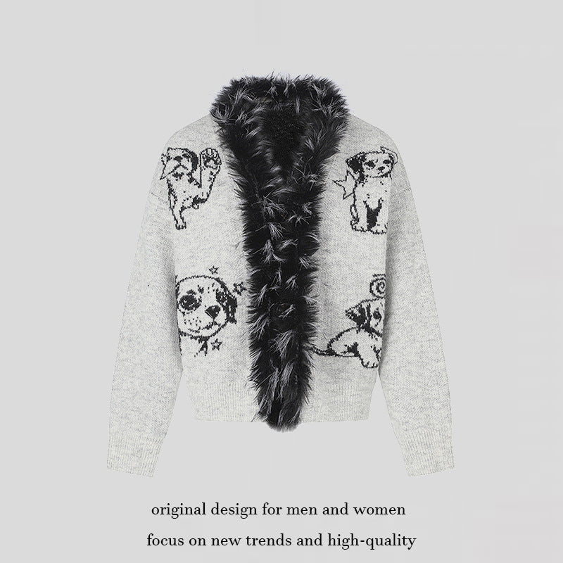 Women's cardigan with faux fur collar and illustrative dog motif Amarae