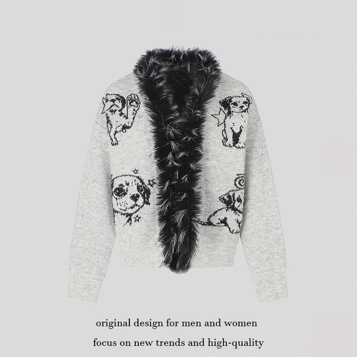 Women's cardigan with faux fur collar and illustrative dog motif Amarae