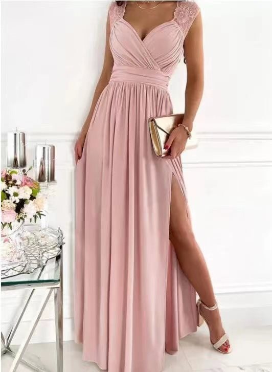 Elegant maxi dress for women with lace sleeves and a side slit Lune London