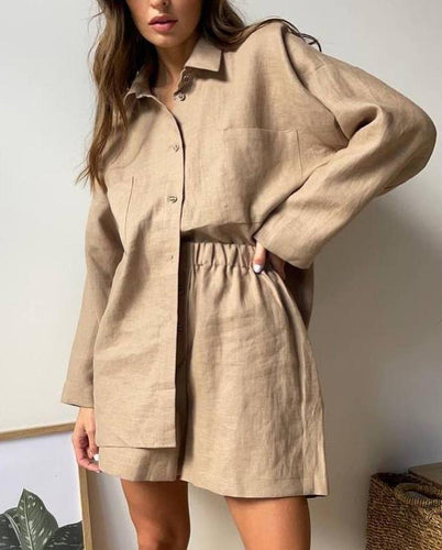 Casual button-up blouse for women and elastic waist shorts set Amarae
