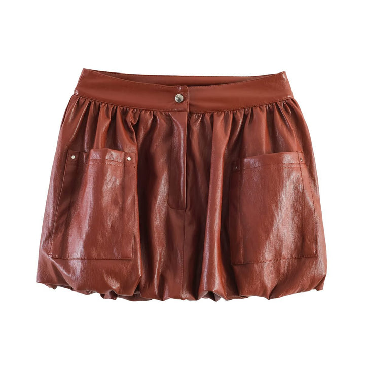 Women’s Short Balloon Skirt made of Faux Leather with High Waist and Patch Pockets Amarae