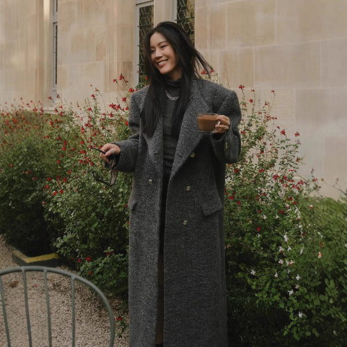 Women Maxi Long Oversize Wool Blend Coat Double-Breasted with Boxy Silhouette and Patch Pockets Amarae