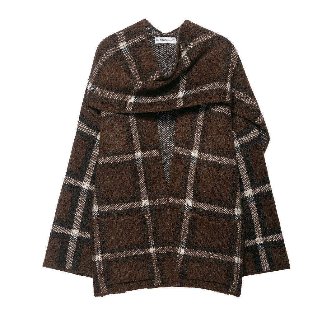 Women Oversized Cape Cardigan with Hood, Patch Pockets and Check Pattern Amarae