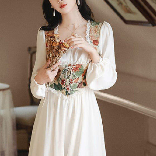 Ladies Elegant Evening Dress with Floral Top and Long Sleeves