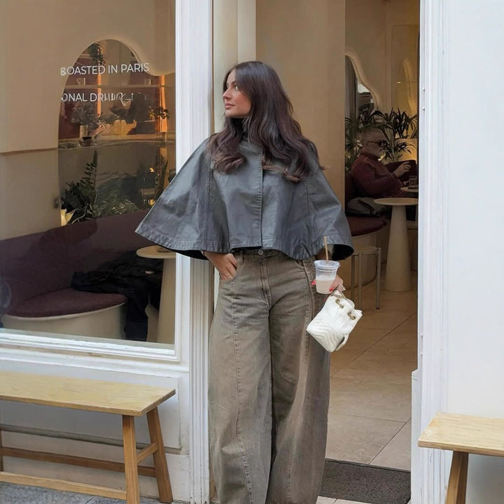Women's Short Leather Cape Jacket with High Stand Collar and Boxy Cropped Silhouette Amarae