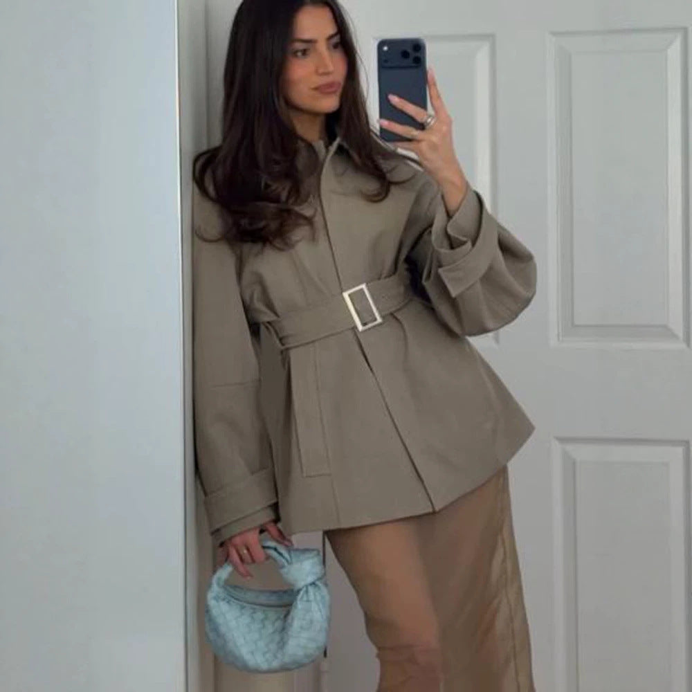 Women's Short Trench Coat with Waist Belt, Dropped Shoulder and Voluminous Balloon Sleeves Amarae