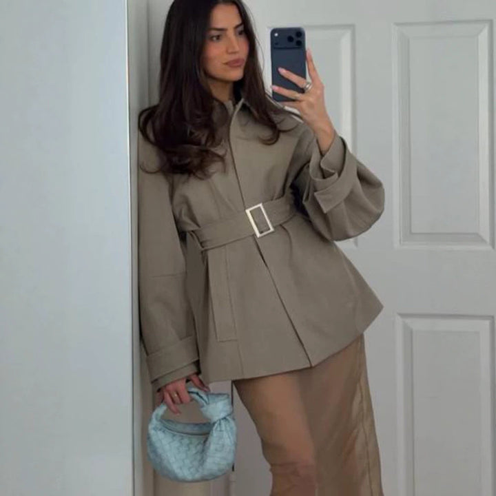 Women's Short Trench Coat with Waist Belt, Dropped Shoulder and Voluminous Balloon Sleeves Amarae