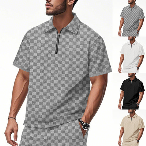Modern short-sleeved polo for men with zipper and check pattern Amarae