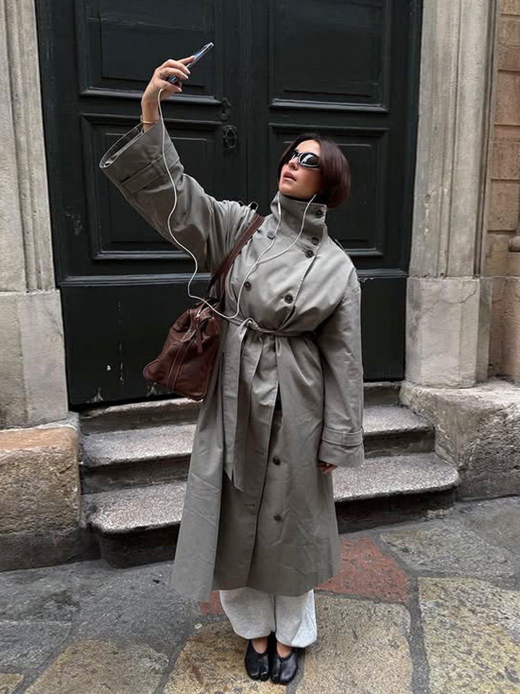 Women’s maxi trench coat with high stand-up collar, double-breasted button placket & waist belt Amarae