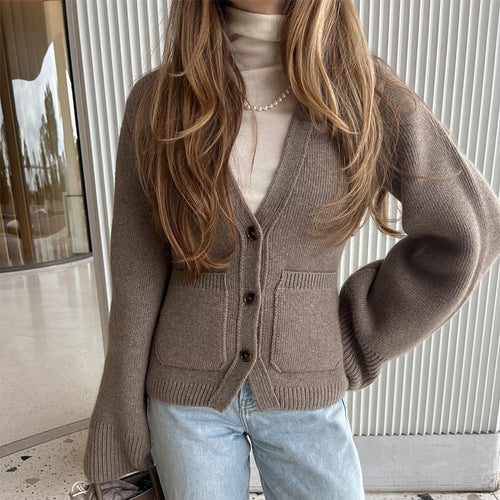 Knit jacket for women with deep V-neck and practical pockets Amarae