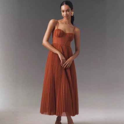 Women's Pleated Maxi Dress with Bustier Top and Flared Skirt Lune London